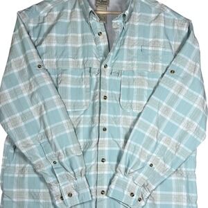 LL Bean Mens Technical Fishing Shirt Aqua Blue Plaid Vented Mesh Lined Large Reg